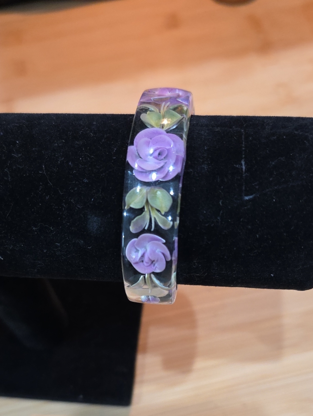 Rustic Cuff Purple Floral Resin Bracelet with Green Leaves